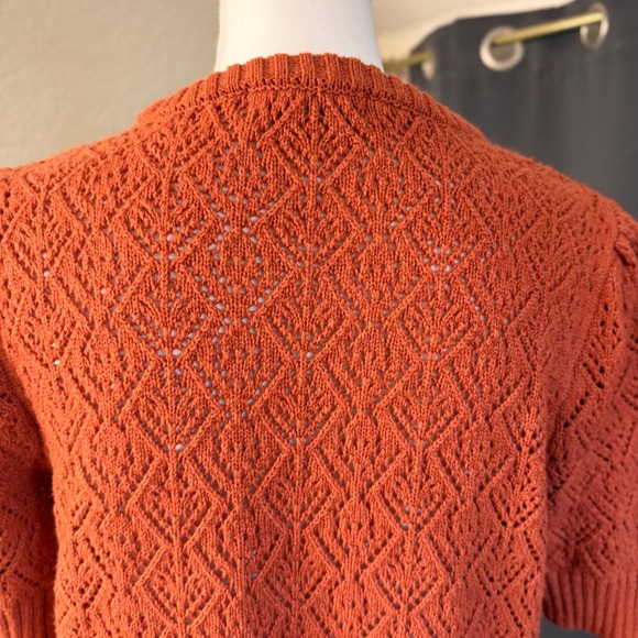 Marled Rust Orange Pointelle Knit Puff Short Sleeve Sweater Top Womens Large - Picture 4 of 8